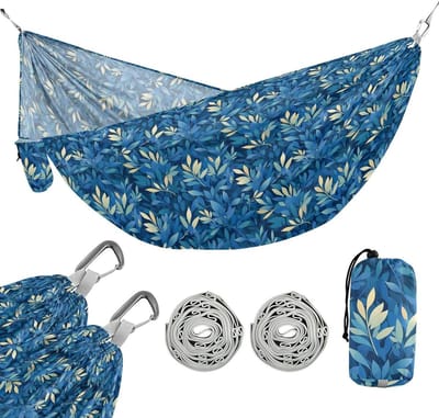 Hangmat Doek - Reis Hangmat - Buiten Ontspannen - Met Opbergvak - 114 x 138 cm - Blauwe Bladeren