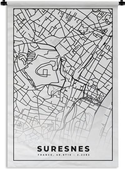 Wandkleed - Wanddoek - Kaart - Stadskaart - Suresnes - Frankrijk - Plattegrond - Zwart wit - 120x180 cm - Wandtapijt