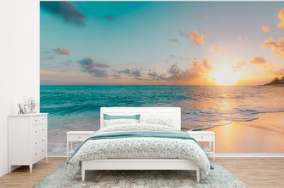 Behang - Fotobehang Zonsondergang - Strand - Zee - Zomer - Blauw - Breedte 375 cm x hoogte 280 cm
