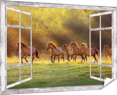 Gards Tuinposter Doorkijk Kudde Bruine Paarden in de Wei - 180x120 cm - Tuindoek - Tuindecoratie - Wanddecoratie buiten - Tuinschilderij