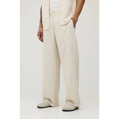 Wide Leg Half & Half Waist Linen Blend Co-Ord Trouser | Natural | Size XL