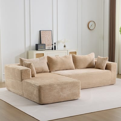 L-vormige hoekbank met chaise longue, modulair, zonder montage, corduroy beige