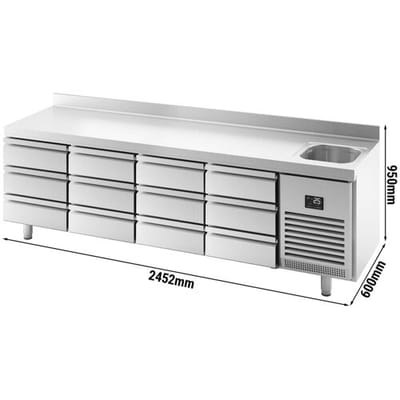 GGM Gastro Kühltisch Premium PLUS - 2452x600mm - 1 Becken, 12 Schubladen - Aufkantung