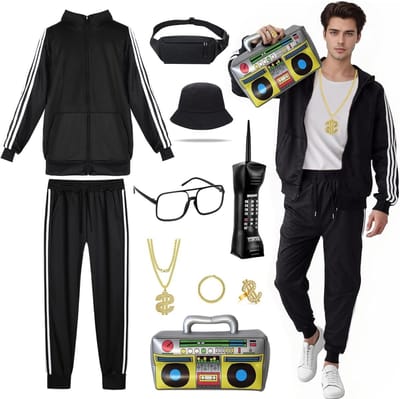 Retro Tracksuit voor Mannen uit de Jaren 80 en 90 met Jacket, Broek, Vissershoed en Heuptas voor Halloween en Carnaval