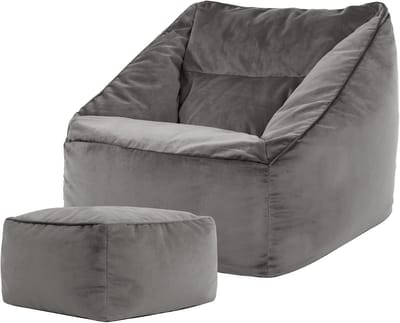 icon Natalia Bean Bag Armchair with Hocker, Sage Green, Velvet Fabric, Bean Bag Adult with Filling Included, Bean Bag, Bedroom, Living Room, Living Room Furniture