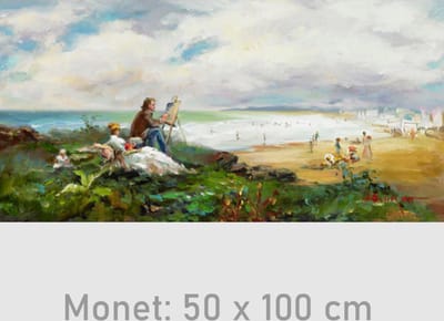 Allernieuwste.nl® Canvas Schilderij Claude Monet Schilderen aan het Strand - Kunst - Impressionisme - Reproductie - 50 x 100cm - Kleur