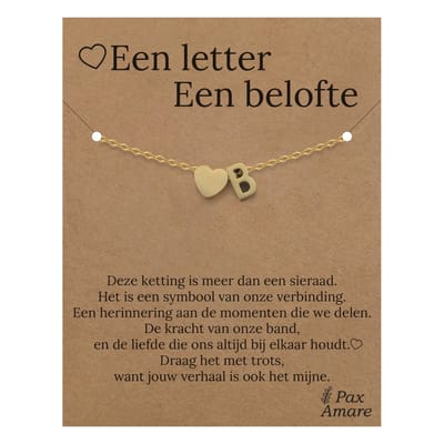 Letter B Armband op Cadeau Kaartje - Een letter, een belofte - 15,5cm + 5,5cm verstelbaar Goudkleurig Stainless Steel - Initiaal & Hartje Hanger - Pax Amare