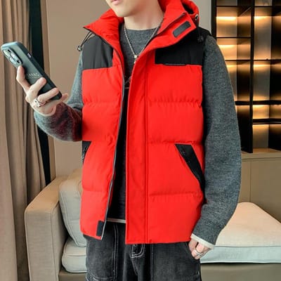 Gilet à Capuche Homme Automne Hiver Nouvelle Couleur Assortie Gilet Chaud Coupe-Vent 4XL red