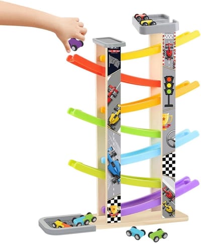 Houten Racebaan - Autobaan Set - Kinderen Spelen - Zeven Niveaus - 44 x 13 x 8 cm - Multicolor