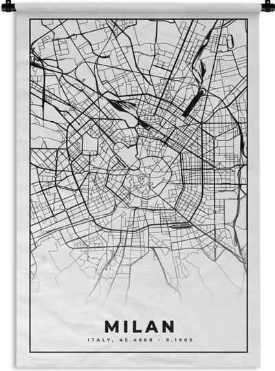 Wandkleed - Wanddoek - Milaan - Stadskaart - Zwart Wit - Plattegrond - Kaart - 120x180 cm - Wandtapijt