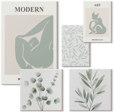 Wallfluent Set van canvas schilderijen - Stijlvolle graphics met plantenmotieven en abstracte vormen Canvas Schilderijen Set - Set van 5 Canvas Schilderijen - Groente Set van Canvas Prints - Natuur Canvas Kunst Set - Boheemse Canvas Kunst Set