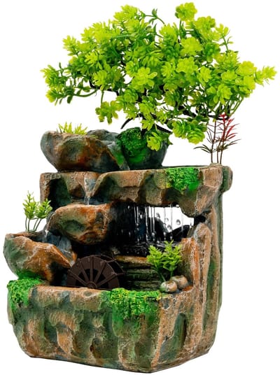 tafelfontein met waterwiel en boom - multicolor LED - groen