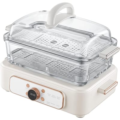 Elektrische Voedselstomer 6L Glas met 2-Laags Roestvrijstalen Schalen, 1200W Groentestomer voor Koken, 1-3 Porties, Voorgeprogrammeerde Instellingen, Vertraging
