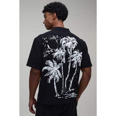 Oversized Korte Mouw Shirt Met Contrasterende Palmbomenprint | Black | Size XS