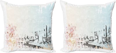 ABAKUHAUS Amsterdam Kussenhoes Set (2 stuks), Straat en Oude Gebouw 50 cm, Wit Babyblauw