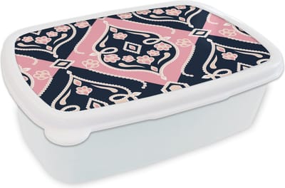 Broodtrommel Wit - Lunchbox - Brooddoos - Bloemen - Roze - Ornament - Design - 18x12x6 cm - Volwassenen