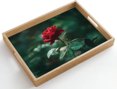 Dienblad hout 50x35 cm - Schootdienblad - Roos - Bladeren - Dieprood - Borrelplank rechthoek - Plateau dienbladen