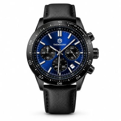 Thomasiny RVS Chronograaf Heren Horloge Seiko VD53 5ATM Blauw Luxe Leer Deep Sea Blue