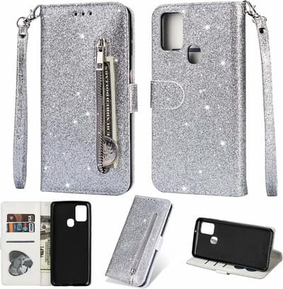 Portemonnee Hoesje - Wallet Case - Rits Sparkly Glitter - Telefoonhoes met Kord Geschikt voor: Samsung Galaxy M31S - Zilver