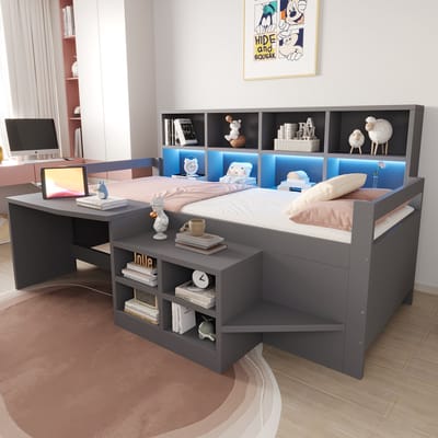 Halfhoogslaper - Kinderbed 90x200 Met Opbergvakken Bureau En Stopcontact Grijs