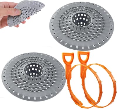 Siliconen Afvoerzeef Set van 2 voor Douche en Keuken - Haarfilter en Afvoerreiniger voor Bad en Douche (Grijs, 12.5 x 12.5 cm)