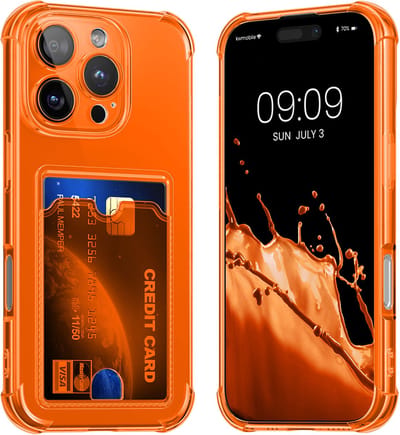 kwmobile Hoesje met kaarthouder voor Apple iPhone 16 Pro Max - telefoonhoesje met kaartsleuf - Soft Case - beschermhoesje in fruitig oranje / transparant
