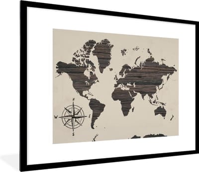 Poster in lijst - Fotolijst 80x60 cm - Posters - Wereldkaart - Hout - Vintage - Posterlijst zwart - Decoratie - Wanddecoratie woonkamer - Muurdecoratie slaapkamer