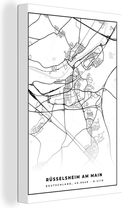 Canvas Schilderij Plattegrond - Kaart - Rüsselsheim am Main - Stadskaart - 20x30 cm - Wanddecoratie