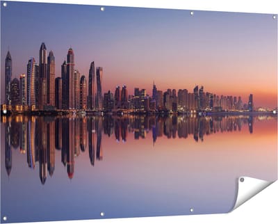 Gards Tuinposter Skyline Dubai Stad bij Zonsondergang - 150x100 cm - Tuindoek - Tuindecoratie - Wanddecoratie buiten - Tuinschilderij