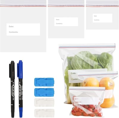 65 Pcs Reusable Food Storage Bags with Black/Blue Marker, 4 Seal Clips Zipper Freezer Bags for Fruits, Vegetables - ShopVlot