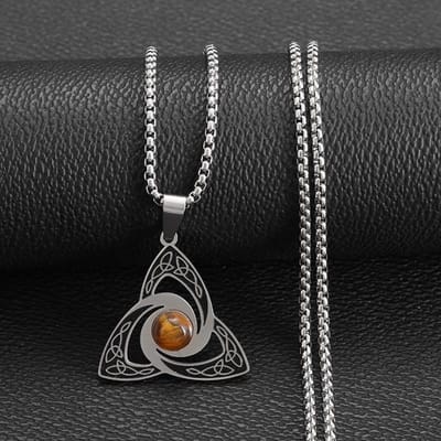 Collier Nœud de la Trinité pour Femme pour Homme Acier Inoxydable Pierre Œil de Tigre Charme Chanceux Celtique Irlandais black