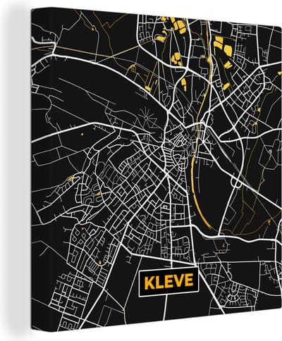 Canvas Schilderij Black and Gold – Stadskaart – Kleve – Duitsland – Plattegrond – Kaart - 20x20 cm - Wanddecoratie