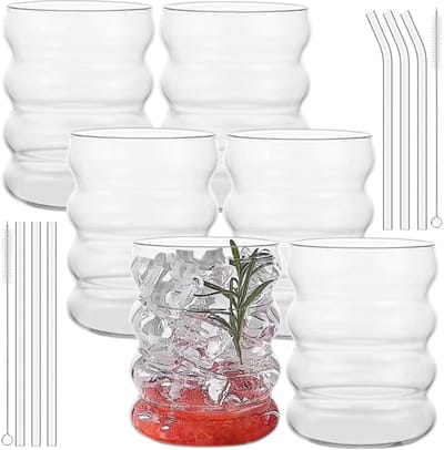 Dailygoods- Bubbelglazen Set van 6 - 350 ml - Doorzichtig Glas - Inclusief Rietjes/Rietjesborstels - Geschikt voor Warme/Koude Dranken - Duurzaam Boorglas - Drinkglazen