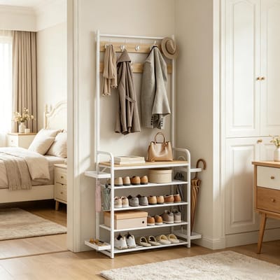 Clruro Kapstok - 80 × 190 × 30 cm - met Haken - met Schoenenopslag - Verstelbaar - MFC-plaat + Metaal