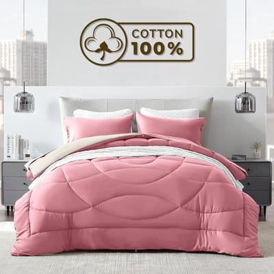 Sleep Comfy Cottiva Series - All Year Dekbed zonder overtrek - Roze & Crème | 140x200 cm - Wasbaar hoesloos dekbed - Binnen & Buiten - 100% Katoen - Met Kussenslopen| Dekbed in Kleur - OEKO Green - Droogt Snel
