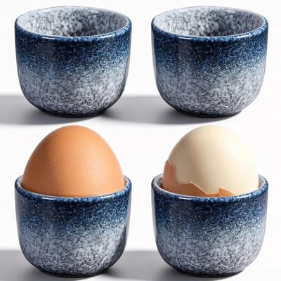 Eierdopset, porseleinen eierdopjes, diameter 5 cm, hoogte 4,8 cm, ovenglazuurproces, glad en braamvrij, vaatwasmachinebestendig en in geschenkdoos, voor ontbijttafels (blauw)