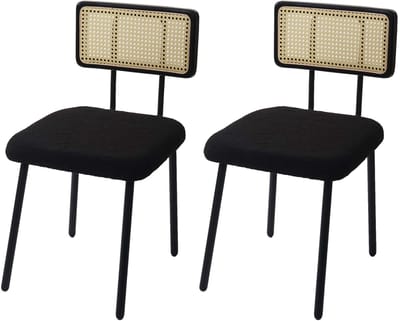 Set van 2 eetkamerstoelen MCW-K88, armstoel stoel, hout poly-rattan metaal bouclé ~ stof/textiel zwart