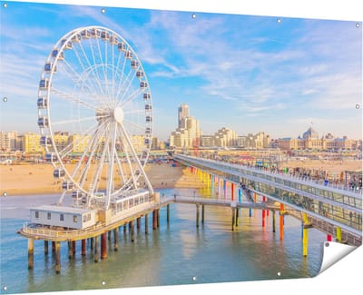 Gards Tuinposter Scheveningen Pier met de Ferris Wheel - Reuzenrad - 180x120 cm - Tuindoek - Tuindecoratie - Wanddecoratie buiten - Tuinschilderij