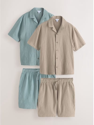 Next - Heren - Shirt en korte broek van kaasdoek in set van 2 - Groen
