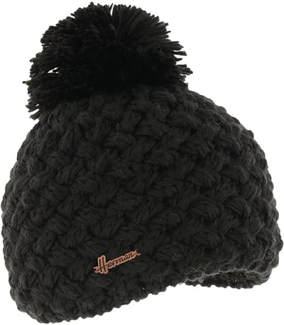 Herman zwarte, effen kruissteekmuts met pompon van garen, gevoerd met een band van ultrazacht en warm pluche.