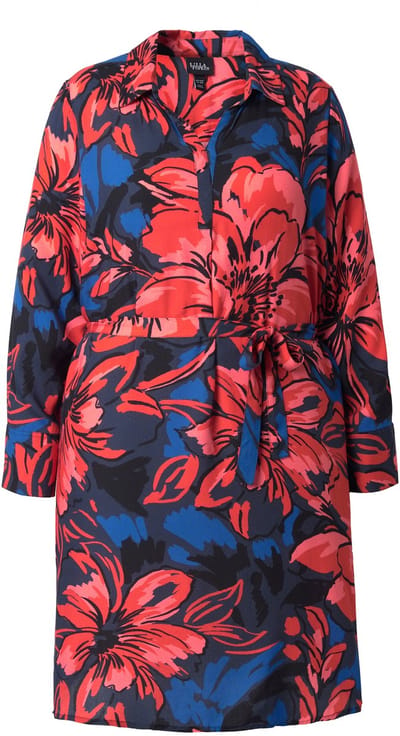 Ulla Popken - Dames - Jurk bloemen overhemdkraag V-hals lange mouwen zakken - Marine - Maat 46+