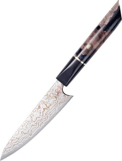 PAUDIN TI3 Professioneel Officemes 13 cm - Keukenmes – Echt Damascus Staal met Koper – Sierlijk Handvat van Hout en Epoxy