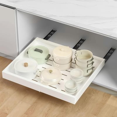 Famanu – Telescopische lade, keuken, uittrekbare lade, achteraf inbouwlade-inzetstuk, uittrekbare kastorganizer, keukenkast, verstelbare breedte, uittrekbare lade, 32-52 x 42 x 7,5 cm (Wit 1PC)