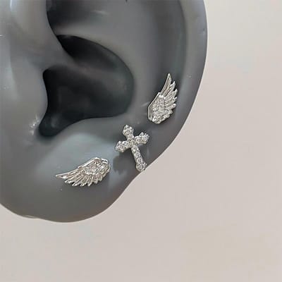 Engelenvleugel en Kruis Oorbellen Set - 34 Stuks Zilverkleurige Strass Oorbellen Voor Vrouwen black