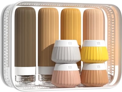 Famanu – Set van 8 siliconen reisflessen - navulbaar en lekvrij - duurzaam materiaal - inclusief opbergtas - ideaal voor shampoo - conditioner - lotion en andere vloeistoffen tijdens reizen