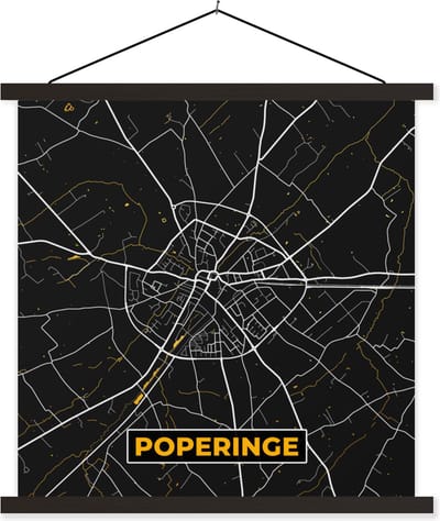 Posterhanger incl. Poster 60x60 cm - Schoolplaat - Stadskaart - Poperinge - Black en gold - Plattegrond - Kaart - Textielposter - Zwarte latten - Stadskaart