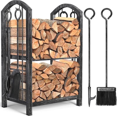 Houten Log Rack Met Gereedschapset Voor Open Haard - Duurzaam Smeedijzeren Design