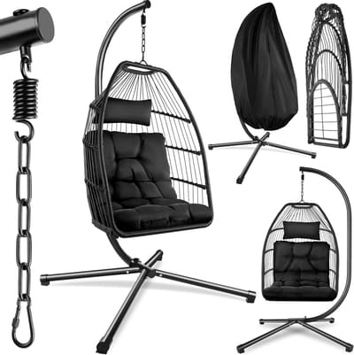XXL Egg Hangstoel - Outdoor En Indoor - Hangstoel Inclusief Standaard - Egg Chair - Tot 160kg - Inclusief Beschermhoes - Zwart