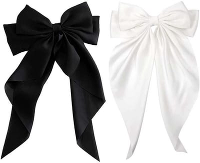 Cosensi - Big Bow Haar Clips - Satin Haarspelden - Elegante Haaraccessoires - Zwart en Melk Wit - Voor Feest en Verjaardag - Haarclips voor Dames e...