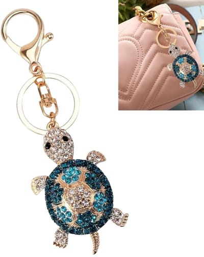 Dailygoods- Sleutelhanger Schildpad - Metalen Sleutelhanger - Decoratieve Sleutelhanger - Sleutelhanger voor Handtas - Sleutelhanger voor Rugzak - Blauwe Strass Steentjes - Afmetingen 12 x 3 x 1 cm - Sleutelhangeraccessoire